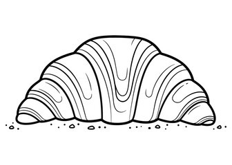 Hand-drawn croissant with crumbs. Simple black and white vector line art, isolated icon for a bakery, cafe menu, or coloring book page.