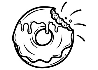Bitten donut with dripping glaze. Hand-drawn black and white vector line art. Isolated cartoon doodle for a bakery logo, menu, or t-shirt.