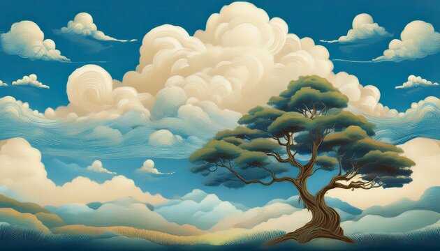 hand painted wallpaper of tree and clouds