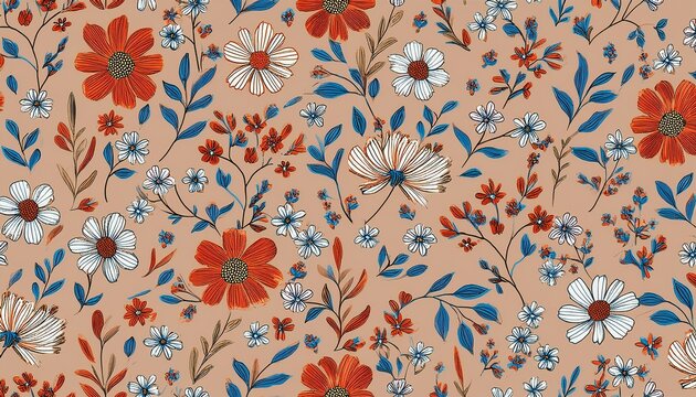 seamless floral pattern liberty ditsy print with cute summer meadow flowers pretty botanical design for textile paper small hand drawn flowers tiny leaves on a beige background stock