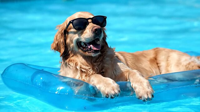 Cool golden retriever wearing sunglasses and relaxing on a blue inflatable mattress in a swimming pool on a hot sunny day