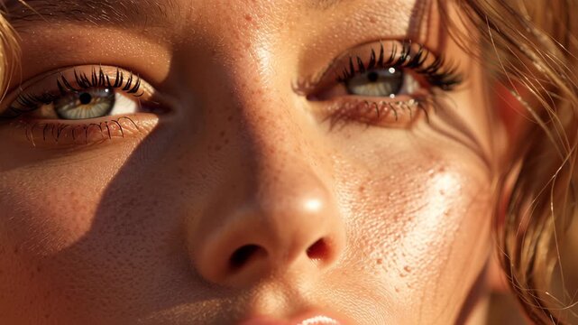 Close up face with green eyes and natural freckles warm sunlight showing smooth skin texture and soft expression with glossy lips