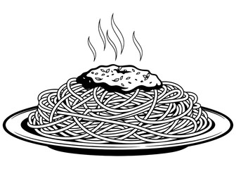 A plate of hot, steaming spaghetti with bolognese sauce. Black and white vector line art illustration, isolated for a menu, logo, or coloring book.