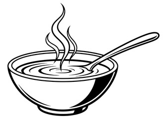 Simple black and white vector icon of a bowl of hot, steaming soup with a spoon. Isolated illustration for a menu logo, icon, or coloring book.