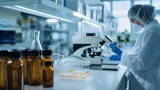 Scientific Investigation: A diligent scientist meticulously conducts research within a sterile laboratory environment, illuminated by focused lighting, and surrounded by essential equipment.