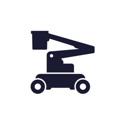 boom lift with bucket icon, telescopic platform pictogram on white