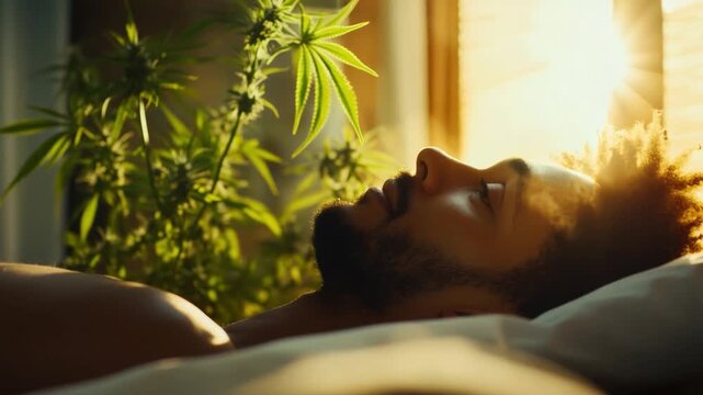 Relaxation and contemplation in sunlight: A figure resting in sunlight, beside cannabis plants. capturing the serenity of the moment