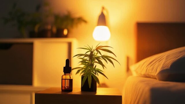Cannabis Plant on Bedside Table: A close-up view of a cannabis plant on a bedside table under a soft lamp light, with a small bottle of oil in warm, intimate lighting.