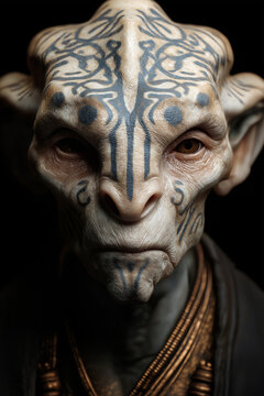 Portrait of a wise elder alien with intricate facial features and softly glowing markings, radiating intelligence and ancient wisdom