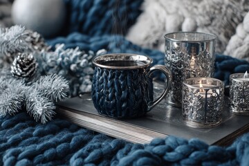 Christmas comfort: warm drink, glowing candles, and snow-dusted pine sprigs symbolize holiday relaxation and hygge joy