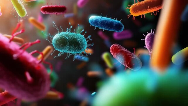 Microscopic World of Bacteria: A colorful depiction of various bacteria shapes. Dive into the world of microscopic life, observing the beauty and complexity of bacteria colonies.