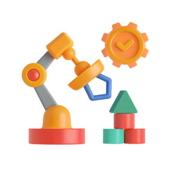 Colorful robotic arm toy with building blocks and gear symbol, representing creativity and playfulness in learning environment