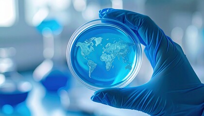 A gloved hand holds a petri dish containing a world map, representing global scientific research. Ideal for global healthcare, scientific research and international collaboration in medicine