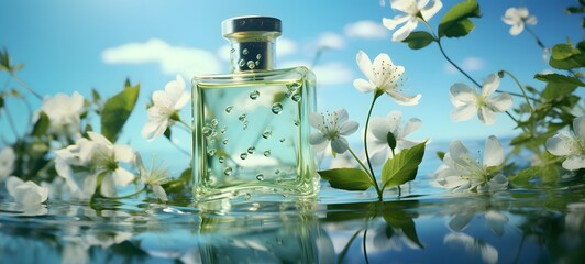 A bottle of green oil floating in front of white flowers and leaves,generative AI