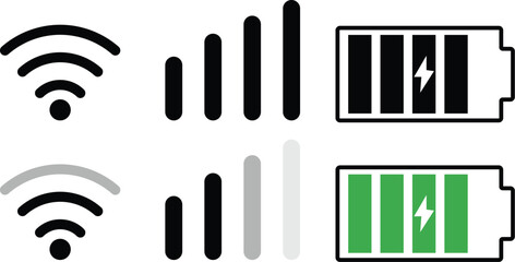 Signal strength wifi and battery icons technology. Connectivity and Power Status Indicators, Mobile Network Symbols
