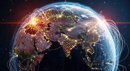 Glowing Earth, networks of light connecting continents in space, showing city lights