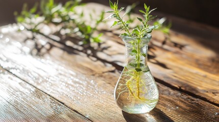carboy. Clear glass carboy with floating green plant and visible roots on rustic wooden surface. gardening catalogs, home-decor guides, designed for home decor and floral branding.