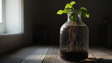 carboy. Clear glass carboy with floating green plant and visible roots on rustic wooden surface. gardening catalogs, home-decor guides, designed for home decor and floral branding.