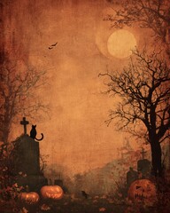 Spooky Halloween Scene with Cat, Pumpkins, and Gravestones at Dusk