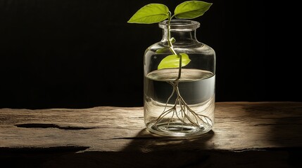 carboy. Clear glass carboy with floating green plant and visible roots on rustic wooden surface. gardening catalogs, home-decor guides, designed for home decor and floral branding.