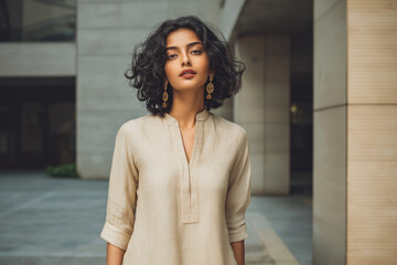 confident fair woman wearing beige linen kurti | minimalist urban chic | ambient daylight | neutral tone