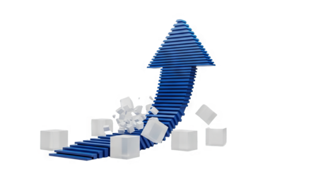 Blue arrow made of cubes rising upwards representing growth and business success concept
