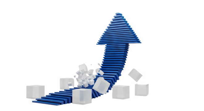Blue arrow made of cubes rising upwards representing growth and business success concept