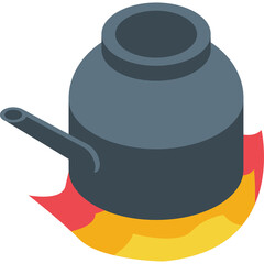 Gray Kettle on Fire with Transparent Background Representing Boiling Water or Heating Process with Flames Around the Base