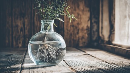 carboy. Clear glass carboy with floating green plant and visible roots on rustic wooden surface. gardening catalogs, home-decor guides, designed for home decor and floral branding.