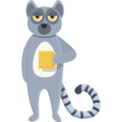 Gray Lemur With Yellow Eyes Holding A Yellow Mug With A Tail Isolated On White Background