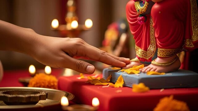 Devotee Performing a Sacred Hindu Puja Ritual at Home.