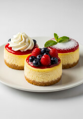 Three delectable individual cheesecakes on a white plate, beautifully garnished with fresh berries, whipped cream, and mint leaf.