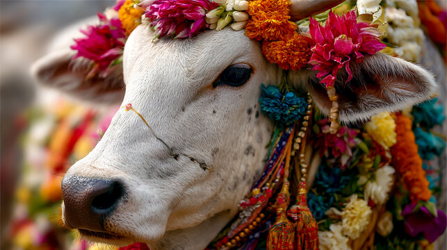 A white cow adorned with colorful floral garlands and symbols