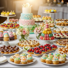 An exquisite dessert table overflowing with a vibrant assortment of cakes, pastries, and sweet treats for a joyous celebration event.