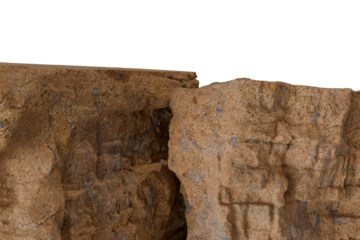 Rugged, earthy brown rock cliff face with deep textures and crevices, sharply contrasting with the dark void above its uneven top edge. Natural, imposing formation