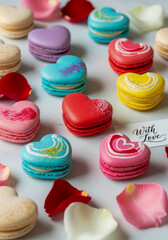 Fototapeta premium A romantic display of colorful heart-shaped macarons and rose petals, perfect for Valentine's Day or Mother's Day celebrations, offering sweet love.