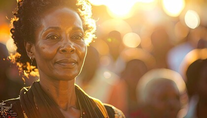 Close up Portrait of an Older Woman with Dark Skin and Short Hair Glowing in the Warm Sunlight with Crowd in Background