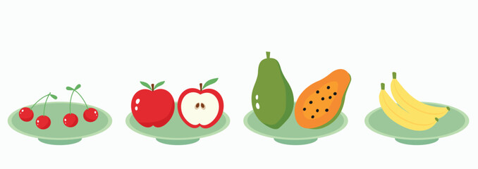 Fresh fruit plates set with cherries, apples, papaya, and bananas, clean vector for menus, labels, kitchen decor and healthy branding.