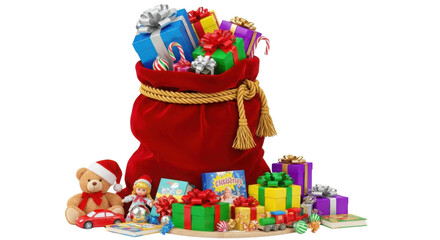 Santa's red bag filled with Christmas gifts and toys isolated PNG with Transparent Background