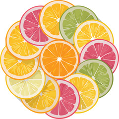 Fototapeta premium A vibrant circular arrangement of assorted citrus fruit slices, including oranges, grapefruits, and limes, showcasing their juicy textures and bright colors