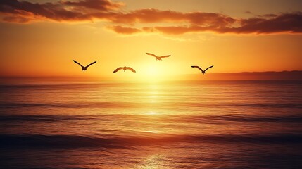 Fototapeta premium Birds Flying Over Wavy Golden Sea During Sunset or Sunrise with Cloudscape Scenery