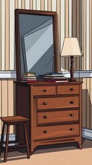 Brown dresser with mirror, books, lamp, and stool against striped wallpaper