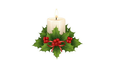 Festive Christmas candle with Holly decoration isolated PNG with Transparent Background