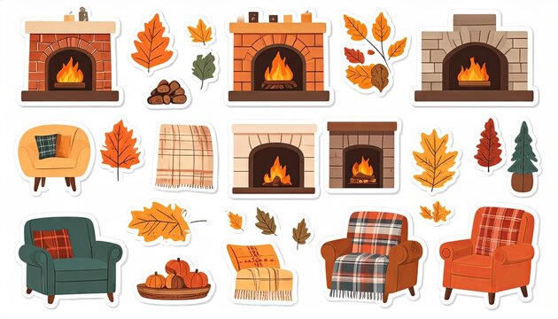 A charming collection of autumn-themed stickers featuring cozy fireplaces, comfortable armchairs, plaid blankets, and colorful fall leaves.