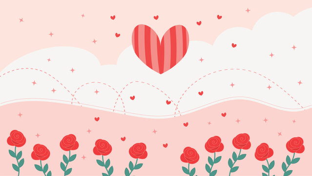 Valentine's Day Wallpaper. Pastel Background with Heart, Roses and Stars, 16-9 Cover