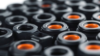CloseUp of Black Plastic Cable Glands with Orange Seals, Abstract Industrial Arrangement