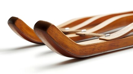CloseUp of a Wooden Sled on White Background, Featuring Smooth Curves and Shiny Finish