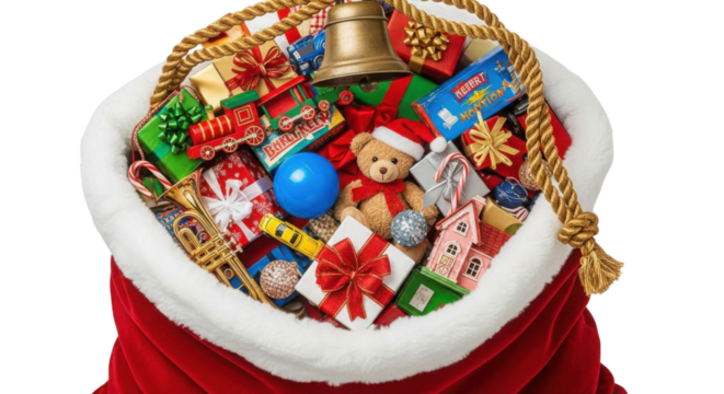 Christmas sack full of presents, toys and gifts isolated PNG with Transparent Background