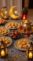 Naklejka premium Ramadan Iftar Table with Dates Sweets and Lanterns.