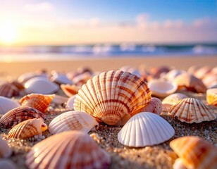 Close Up Shot of Seashells on Sandy Beach with Ocean Horizon at Sunset Orange Sky Coastal Scene
